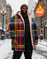 Big & Tall Men's Multicolor Plaid Velvet Thickened Long Hooded Coat